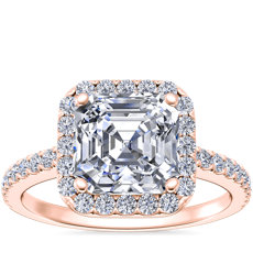Anillo de compromiso clásico con diamante de talla Asscher y halo en oro rosado de 14 k